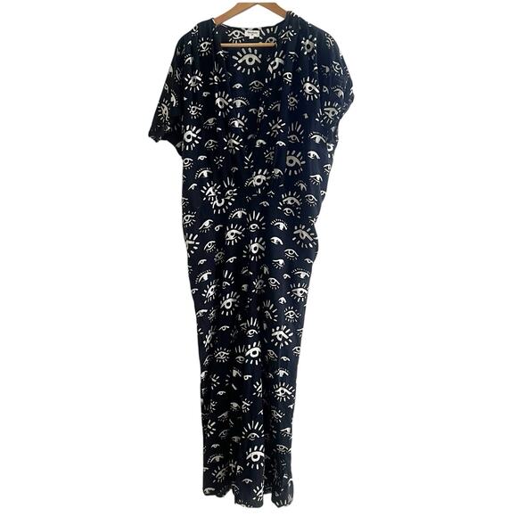 World Market Evil Eye Print Jumpsuit Size Large/XL Cotton Linen Blend Pockets - Picture 2 of 11